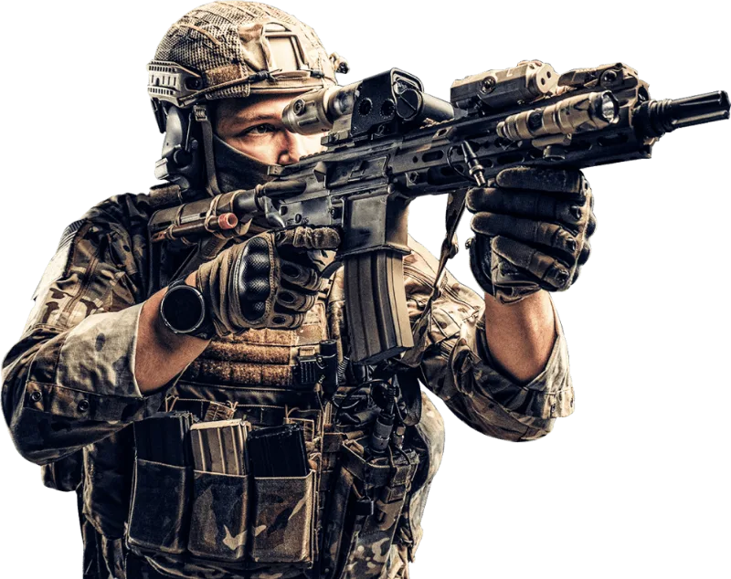 Jugador de MILSIM con equipo táctico apuntando con su réplica